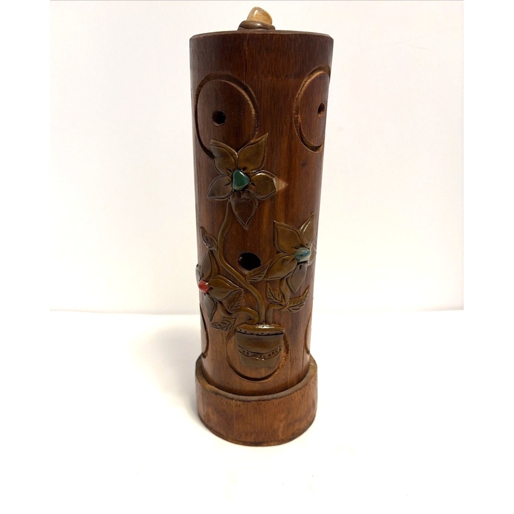 Hand Carved W/Polished Stones Bamboo Wooden Stalk Incense Burner Vintage